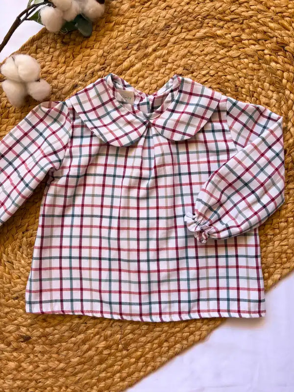Blusa cuello bebé de cuadros multicolor con fondo blanco Colección Almendro| MICŪ baby