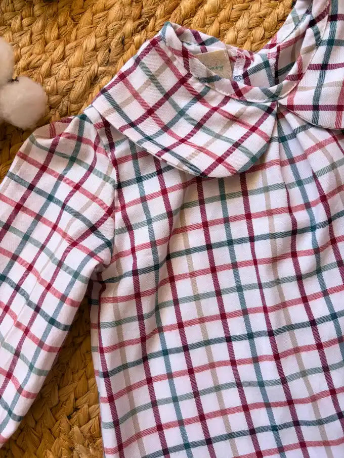 Blusa cuello bebé de cuadros multicolor con fondo blanco Colección Almendro| MICŪ baby