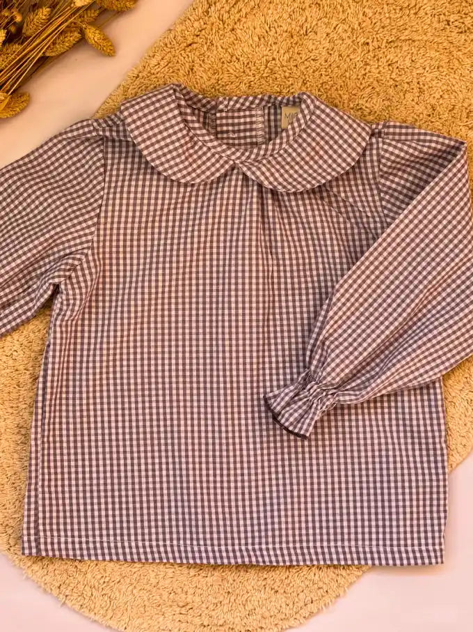 Blusa cuello bebé de cuadro vichy gris y blanco - Colección Dalia