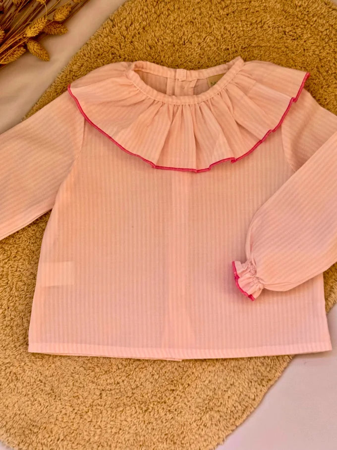 Blusa cuello volante de rayas rosas - Colección Nenúfar