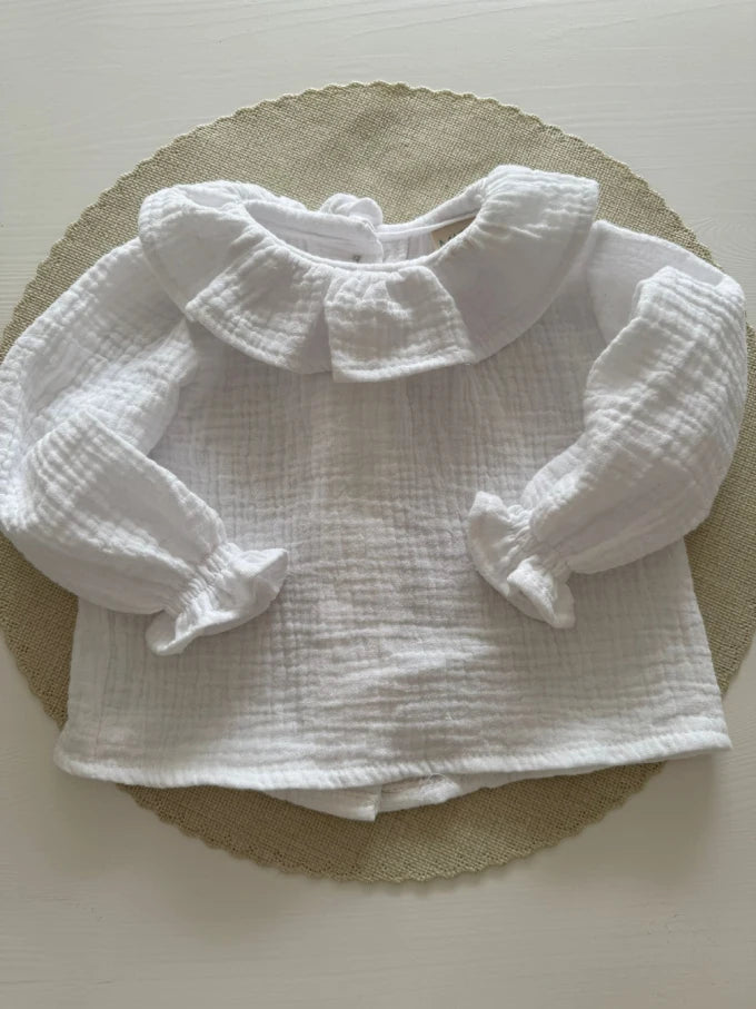 Blusa de doble gasa de algodón con cuello de volante - Jazmín
