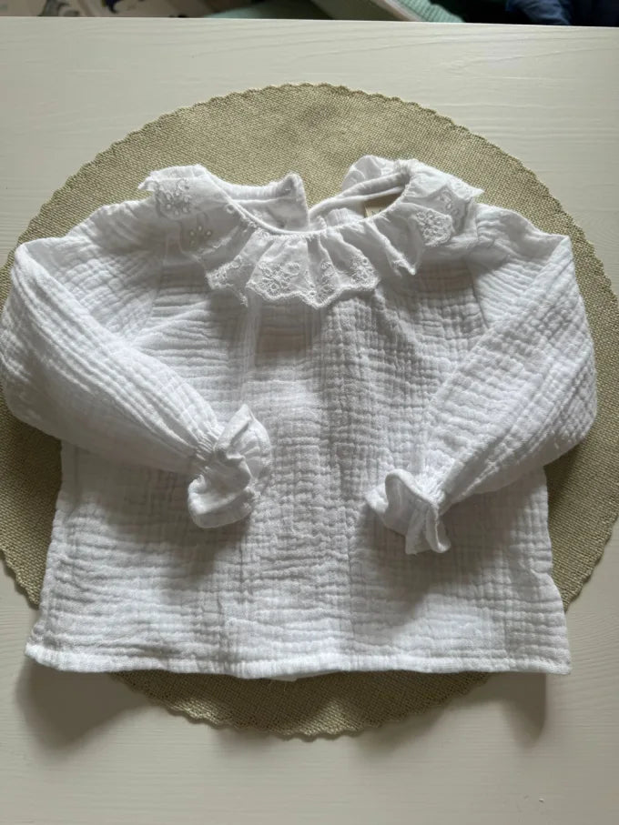 Blusa de doble gasa de algodón con un cuello con tira bordada - Jazmín