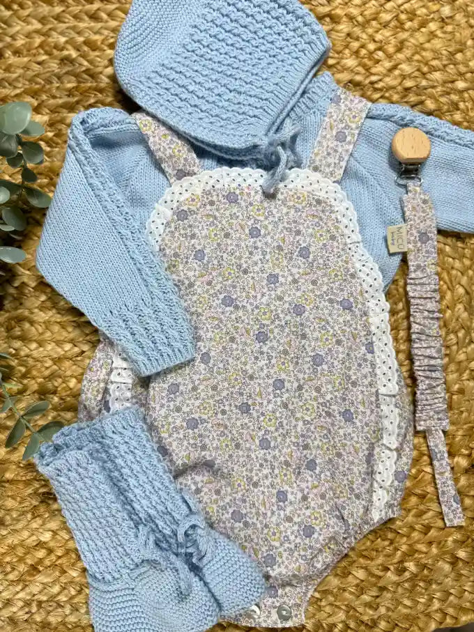 Conjunto Ranita con estampado de flores azul y rosa Verbena con Pelele punto algodón azul