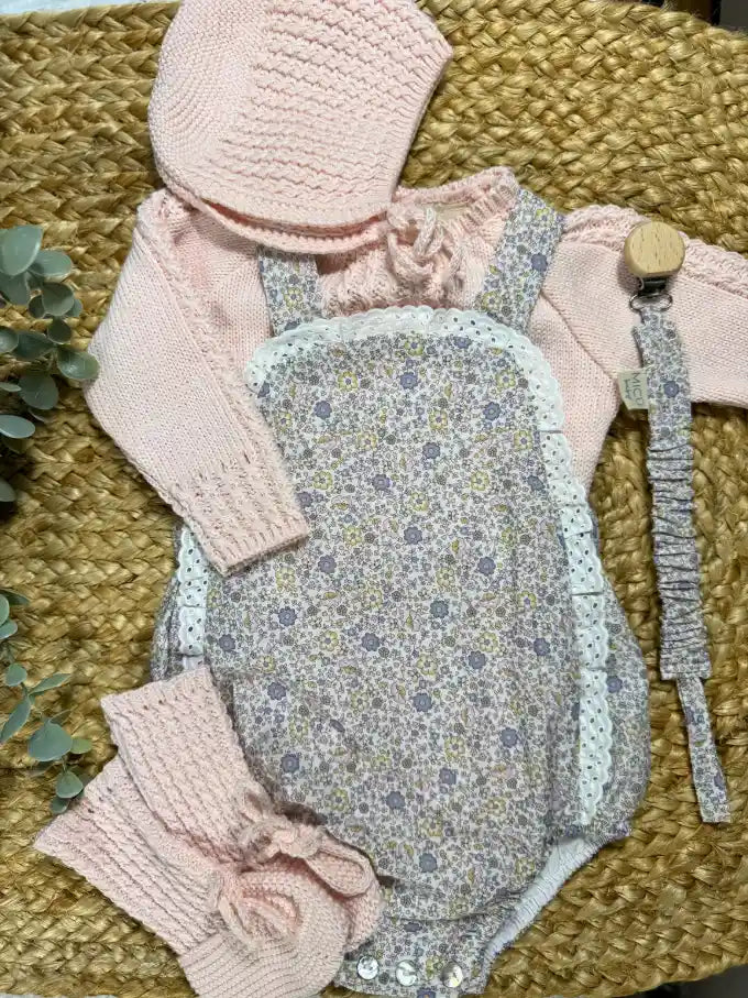 Conjunto Ranita con estampado de flores azul y rosa Verbena con Pelele punto algodón rosa