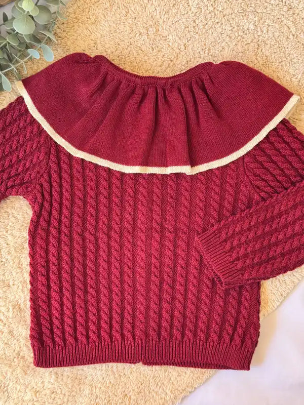 Jersey/Chaqueta con volante de punto burdeos con terminación en crema - Colección Azalea