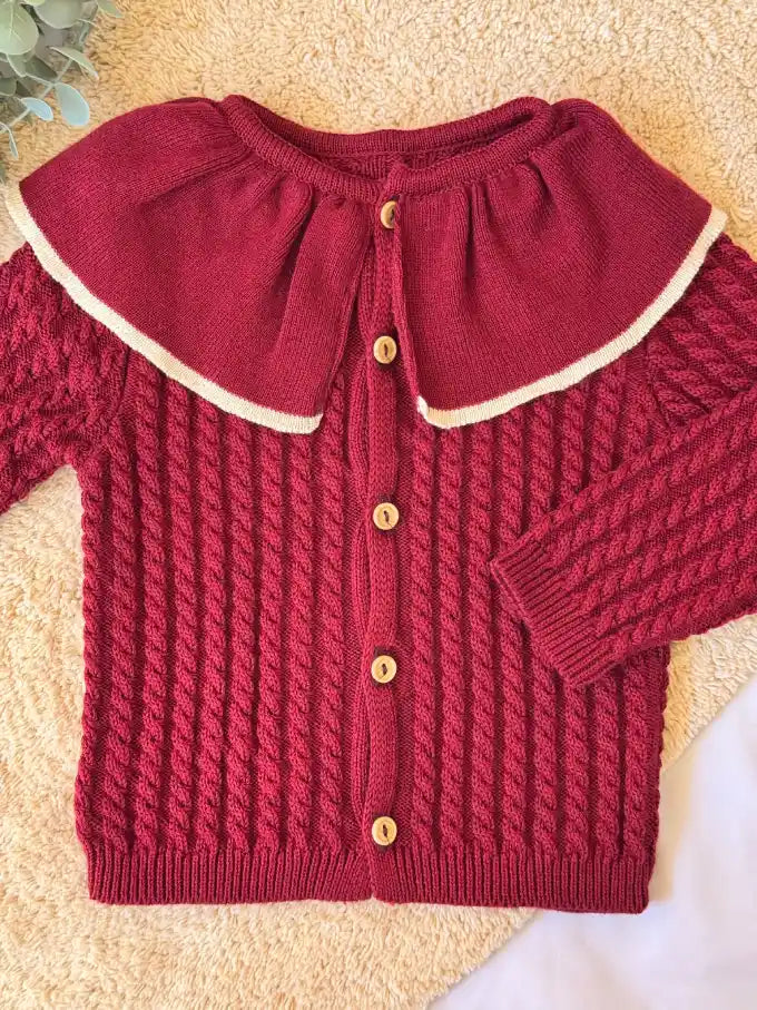 Jersey/Chaqueta con volante de punto burdeos con terminación en crema - Colección Azalea