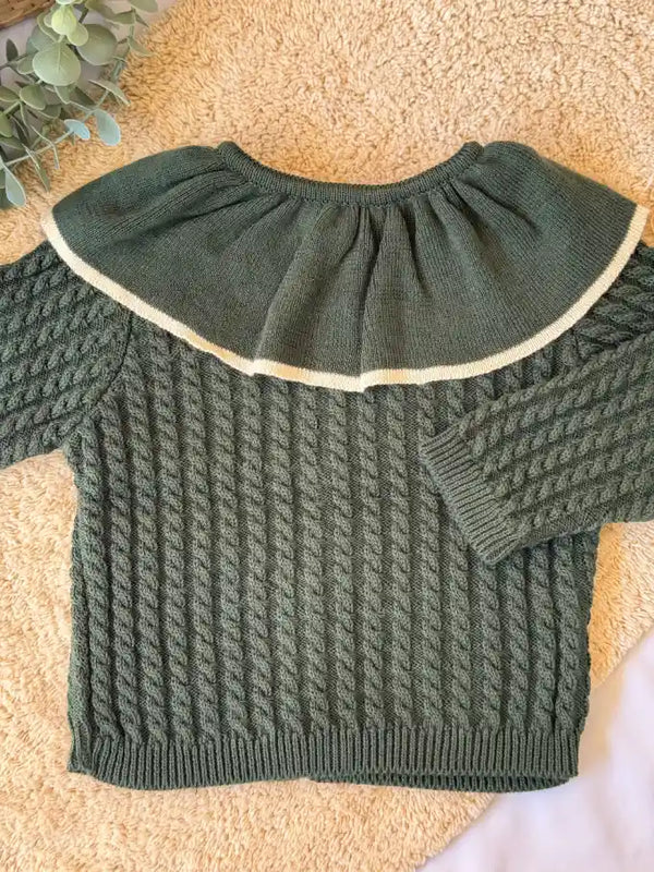 Jersey/Chaqueta con volante de punto verde con terminación en crema - Colección Musgo