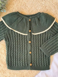 Jersey/Chaqueta con volante de punto verde con terminación en crema - Colección Musgo