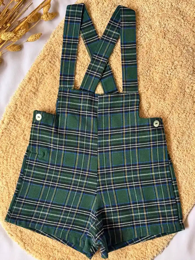 Pantalón con tirantes de cuadros verdes y azul marino - Colección Abedul