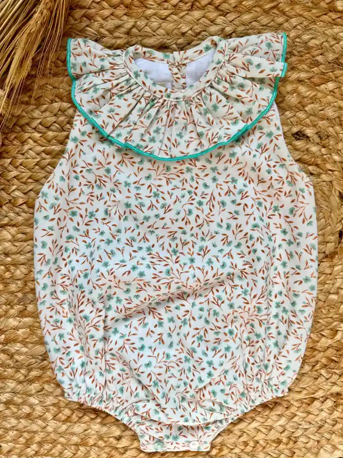 Pelele de manga sisa de flores verde agua y mostaza Eucalipto