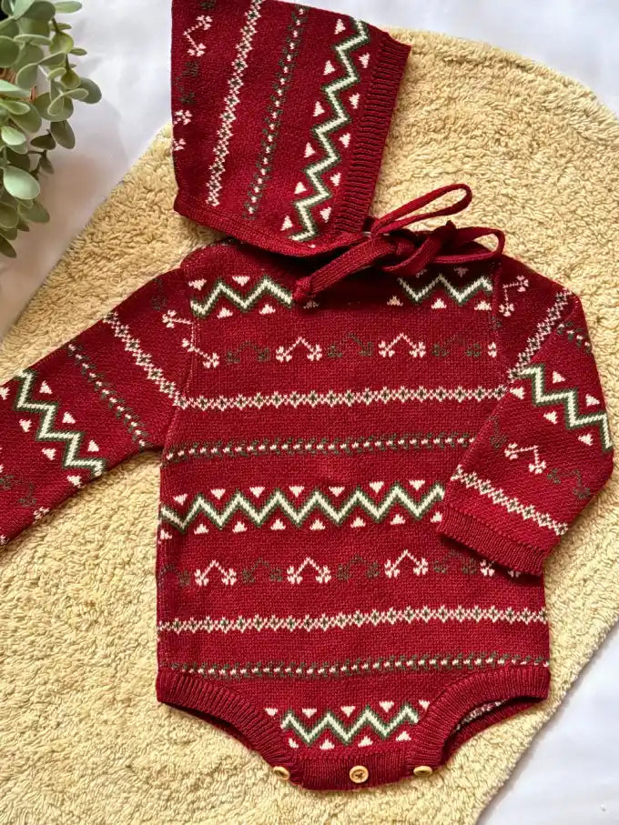 Pelele de punto jacquard burdeos - Colección Acebo