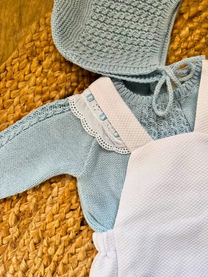Punto azul bebe con ranita piqué blanco con pasacintas azul - algodón 100% - MICŪ baby