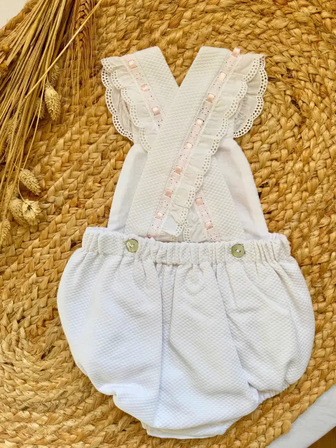 Ranita piqué blanco con pasacintas rosa - Colección Margarita